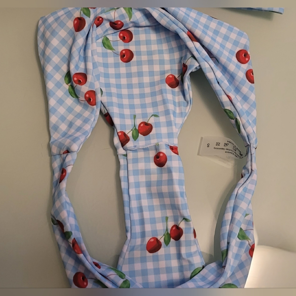 Cherry Print Blue Gingham Bikini Set SIZE SMALL - Picture 5 of 14